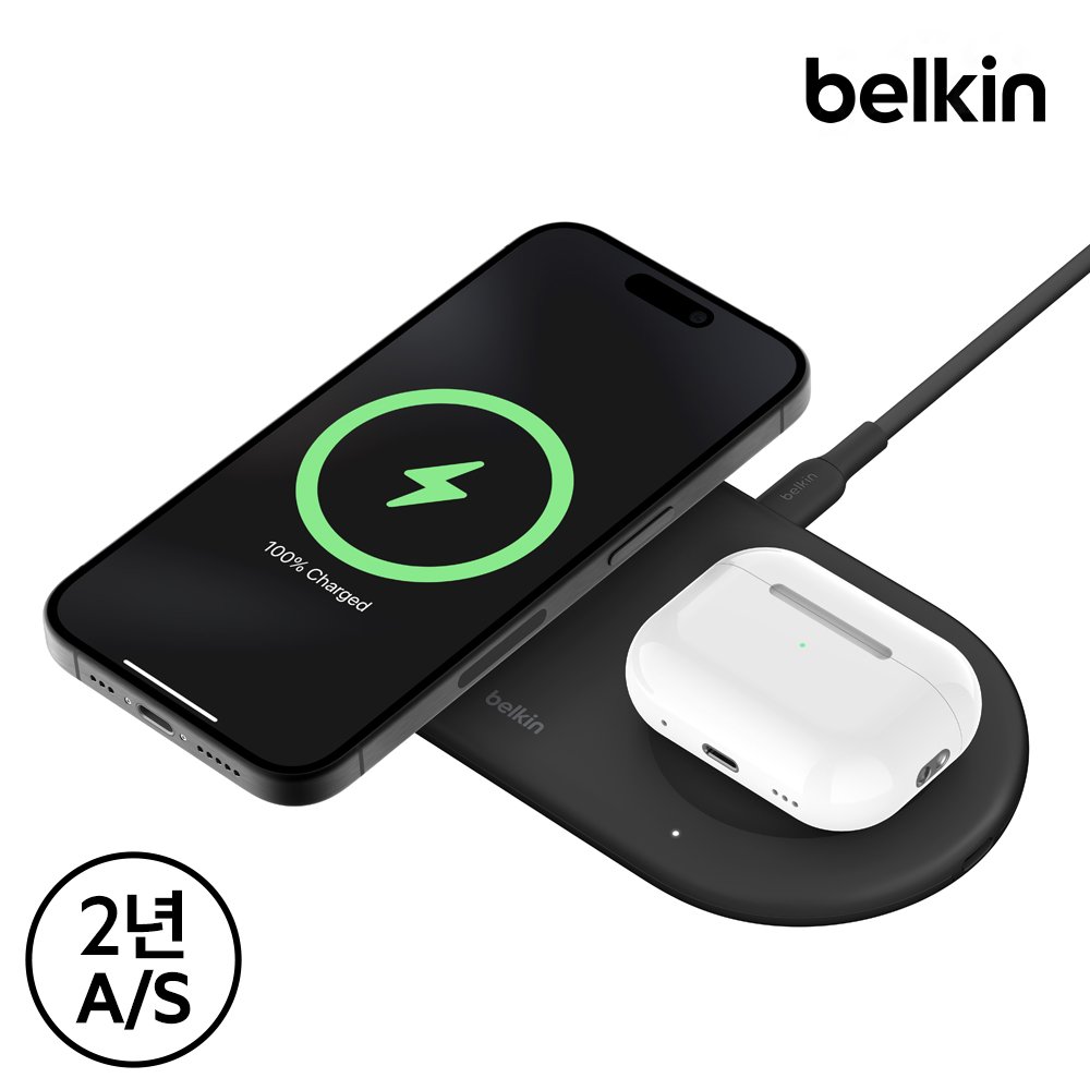 벨킨 Qi2 15W 2in1 마그네틱 무선 충전 패드 WIZ021qc 갤럭시 S26 S25 아이폰17 16 15 14 13 12 호환 상세 이미지 1