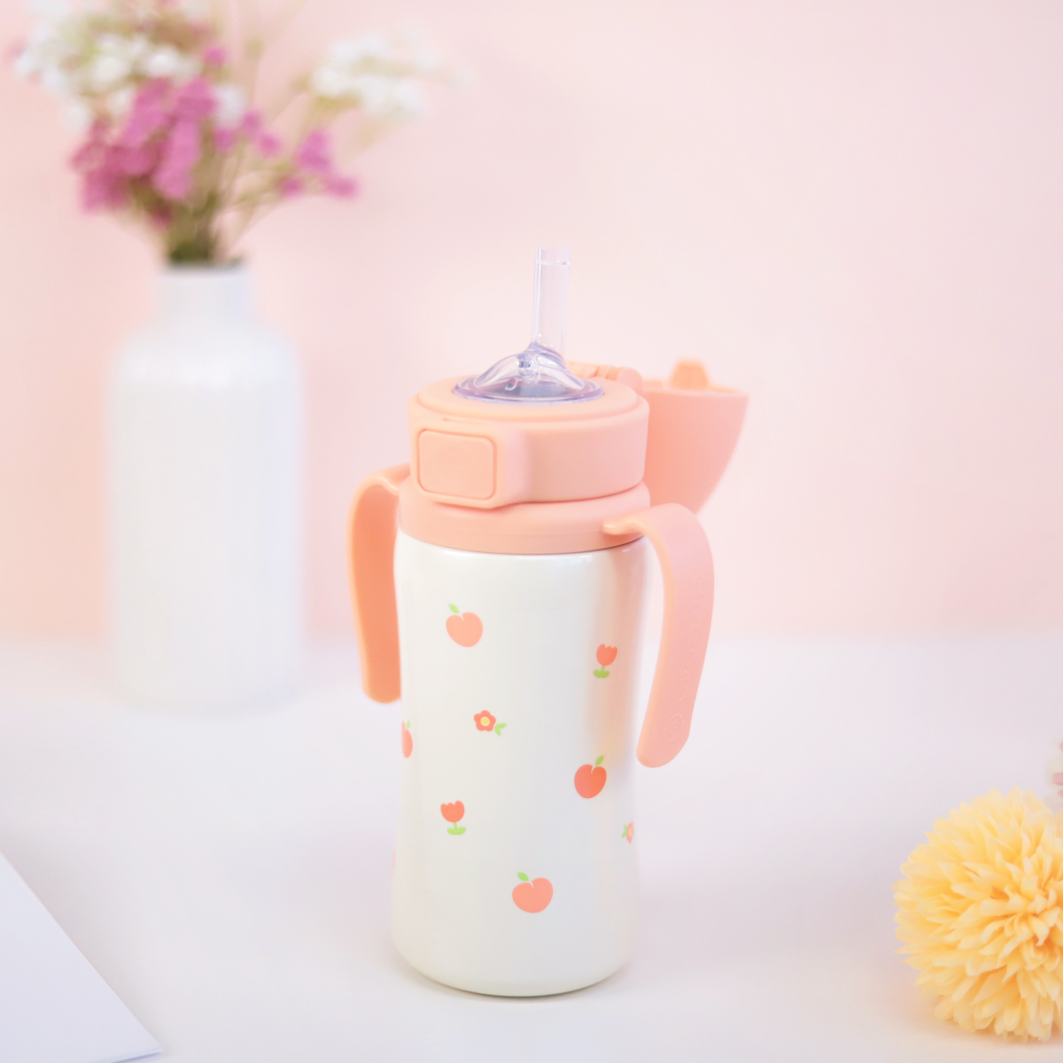 그로미미 피치플라워 원터치 스테인리스 300ml 빨대컵 (로제코랄) 상세 이미지 2